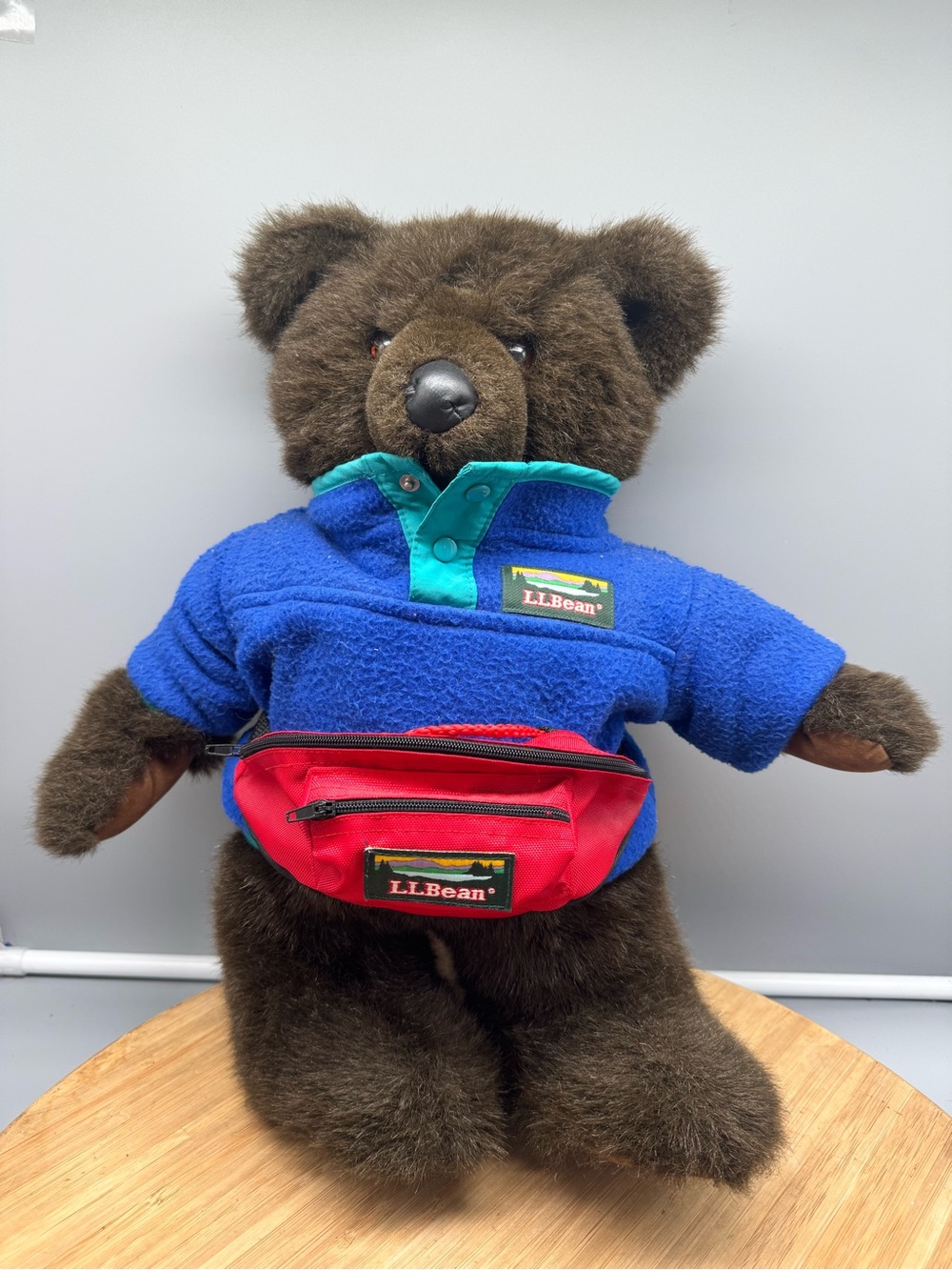 LL Bean Bear, Blue Fleece Sweater Dark Brown Vintage Teddy Bear Plush